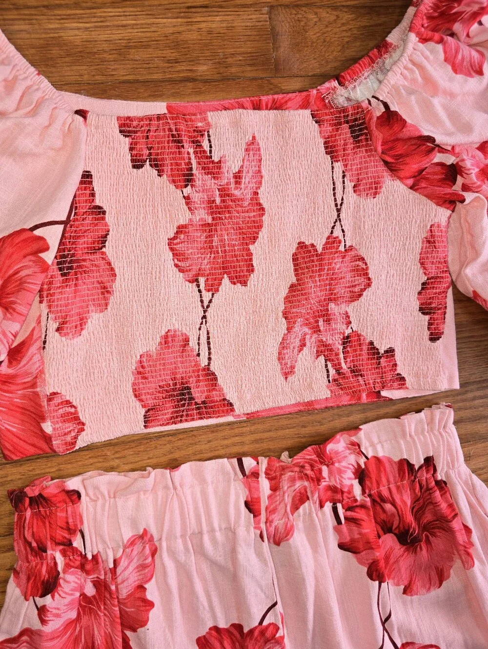 Paper Heart Alro Hisbiscus Linen Blend Two Piece Set Puff Sleeve Top Shorts Sz.L